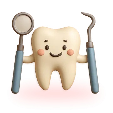 Un diente feliz sosteniendo instrumentos dentales